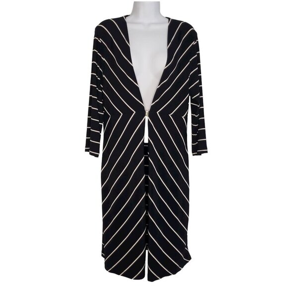 Travelers by Chicos Long Cardigan Duster Geo Stripe Slinky Navy Blue Size 1 M/8 - Picture 1 of 8